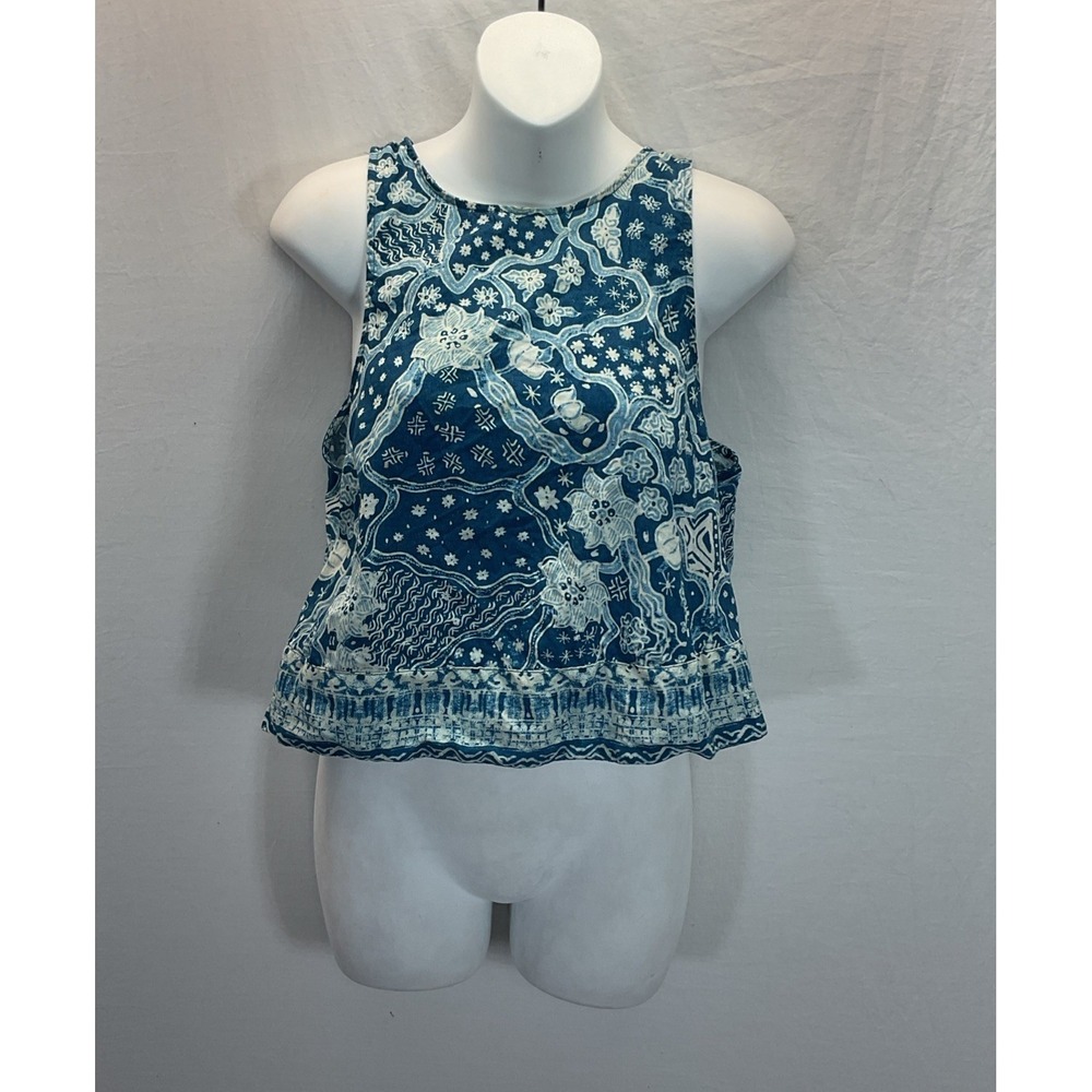 FREE PEOPLE  Blue WHITE OPEN, TIE BACK / LINEN BLOUSE tank sleevless‎ floral SM